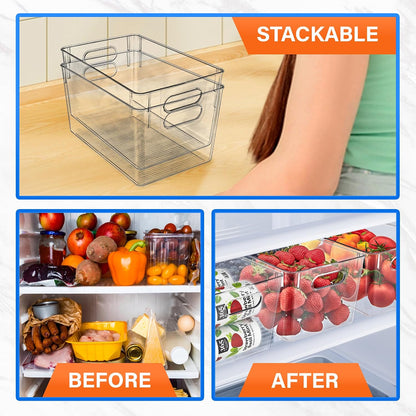 Lifemaster Stackable Refrigerator Bins - Set of 6 Large Capacity Organizers with Easy Grip Handles - Clear and Versatile for Kitchen Storage