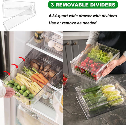 Taiuloo 2 Pack Stackable Refrigerator Organizer Bins with Pull-Out Drawer, Clear BPA-Free Food Storage Containers for Fridge Freezer, Kitchen Pantry Cabinet & Bathroom Vanity Organization