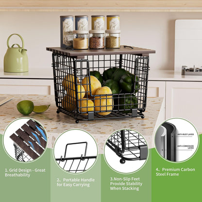 Wire Storage Basket for Kitchen Pantry: GGIU Stackable Kitchen Counter Organizers - Wire Organizing Bin for Produce Fruit Vegetable Potato and Onion Black