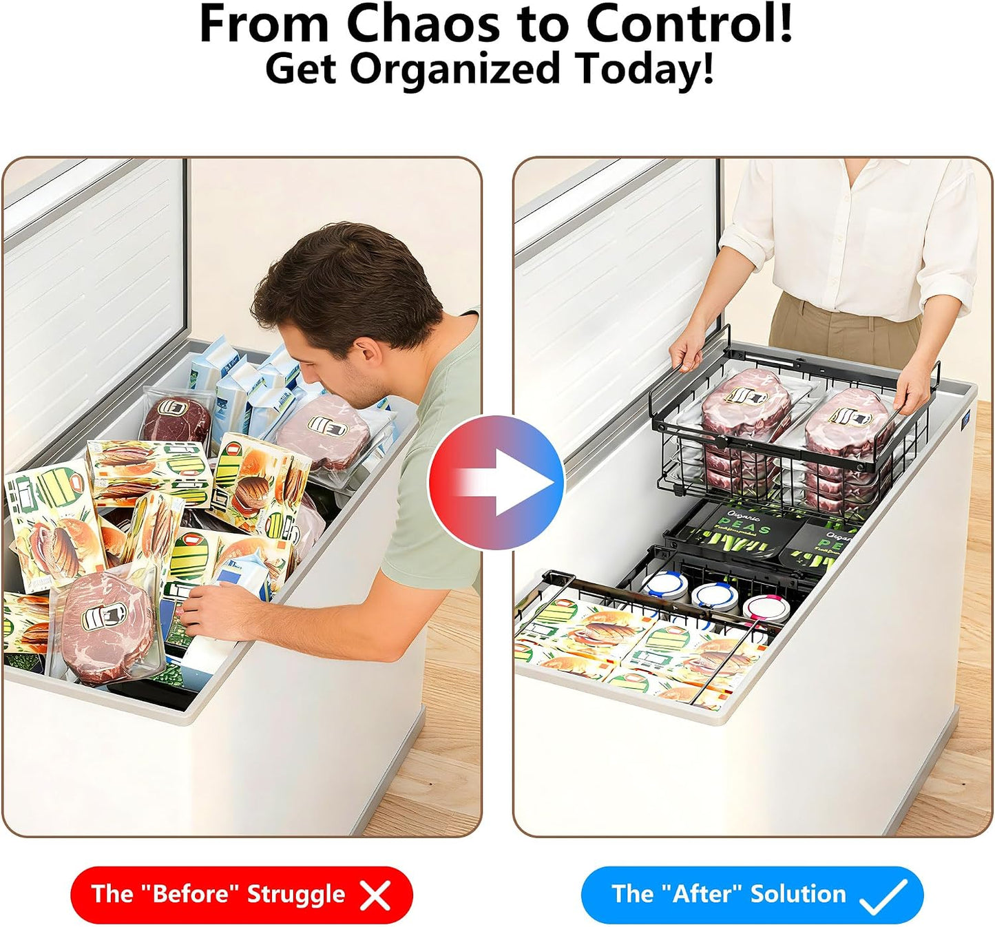 Freezer Organizer Bins 6 Pack: Wire Basket Stackable Storage Containers Expandable 11.81" to 17.72" with Foldable Handles for 5+ Cu.FT Fridge Cabinet Shelves Pantry Kitchen White