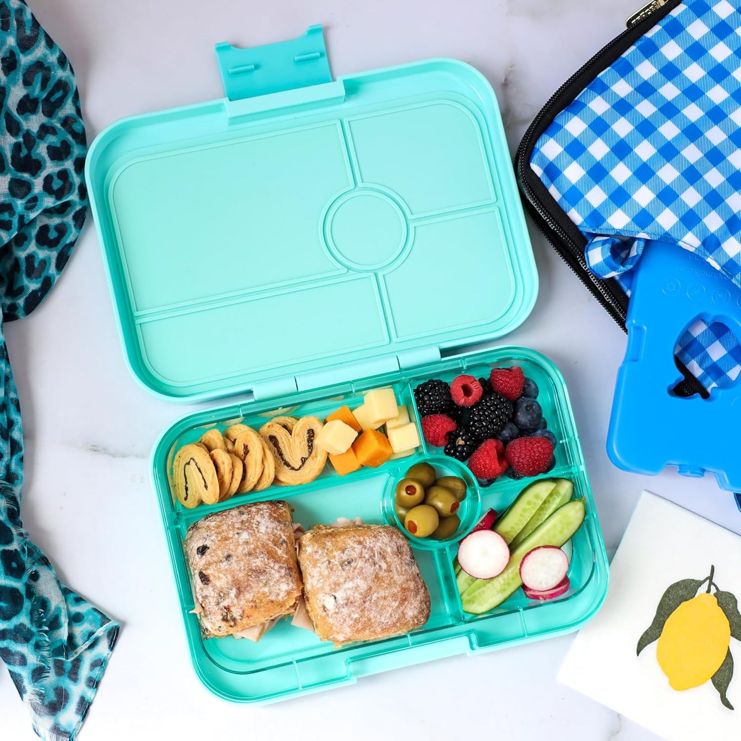 Yumbox Tapas Leakproof Bento Box, 5 Compartments, Antibes Blue | Large Capacity Design | Removable Compartment Tray | Easy-Open Single Latch | Ideal for Teens & Adults | Dishwasher-Safe Tray