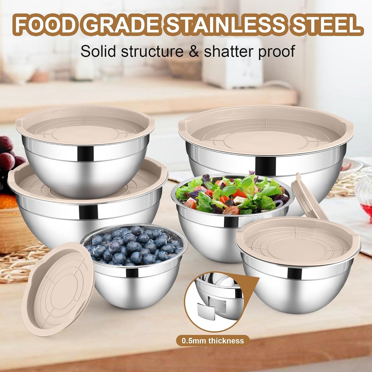 LIANYU Stainless Steel Mixing Bowls Sets of 6, Large 7, 3.5, 2.5, 2, 1.5, 1QT Size with Transparent Airtight Lids, Metal Nesting Serving Bowl Sets for Home Kitchen, Dishwasher & Freezer Safe, Black