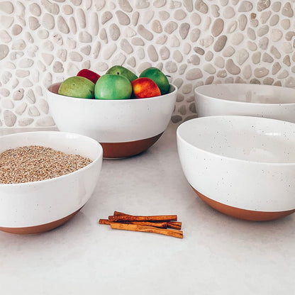 Mora Ceramic Large Mixing Bowls - Set of 2 Nesting Bowls for Cooking, Serving, Popcorn, Salad etc - Microwavable Kitchen Stoneware, Oven, Microwave and Dishwasher Safe - Extra Big 2.5 & 1.6 Qt - White
