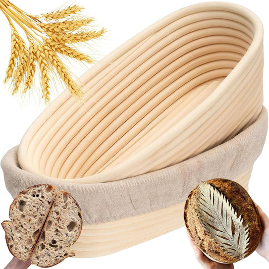 Banneton Bread Proofing Basket 2 pack 9.5 inch Oval Basket with Liner, Bread Proofing Basket Perfect for Professional & Home Sourdough Bread Baking, Artisan Sourdough Bread (Set of 2 pack 9.5" Oval)