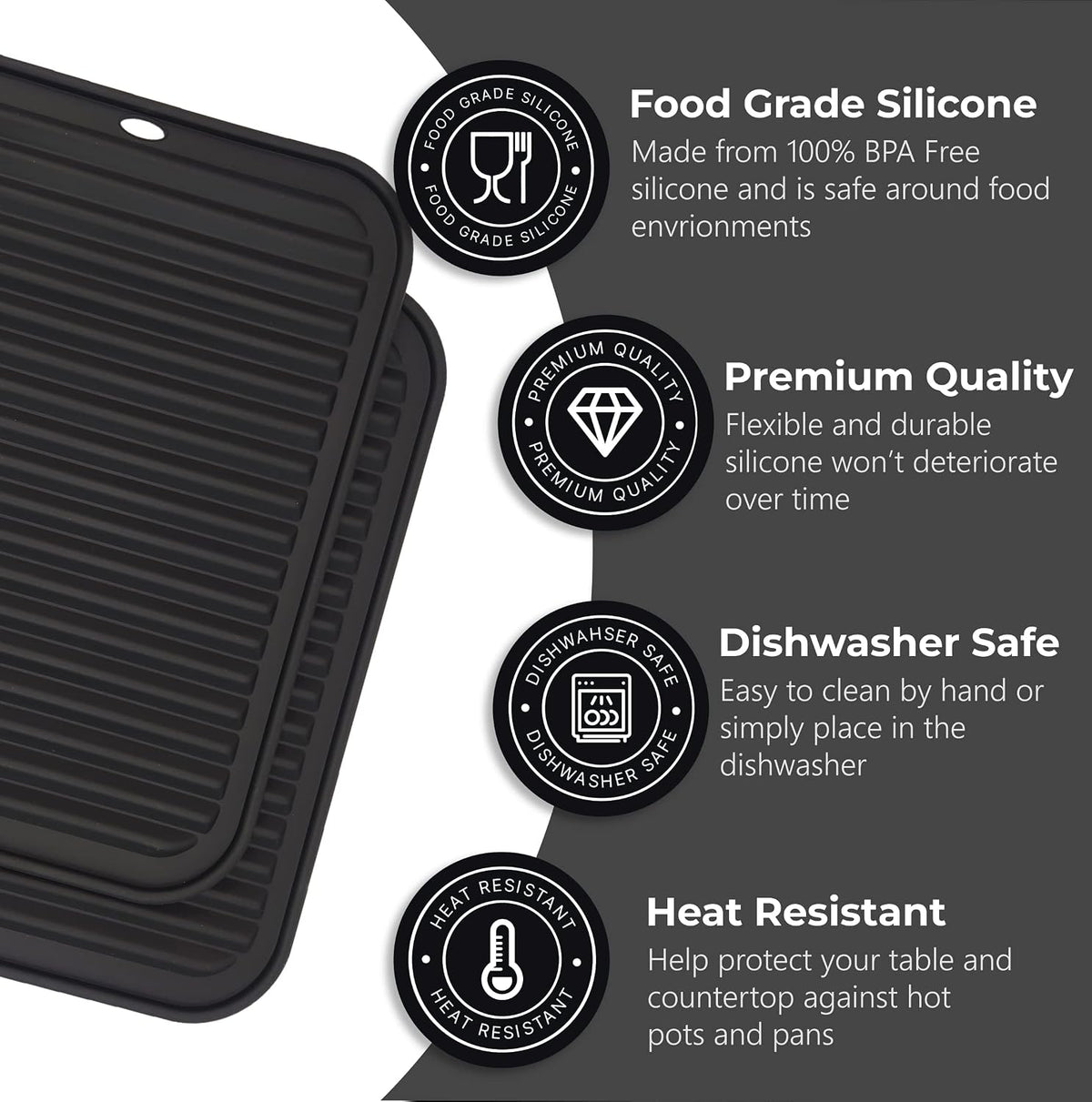 Silicone Trivets for Hot Dishes, Pots, Pans (2 Pack) - Heat-Resistant Pot Holders for Kitchen Countertop Mats - Silicone Trivet Mat (9 x 12 Inch) - Multipurpose Counter Pads (Black)