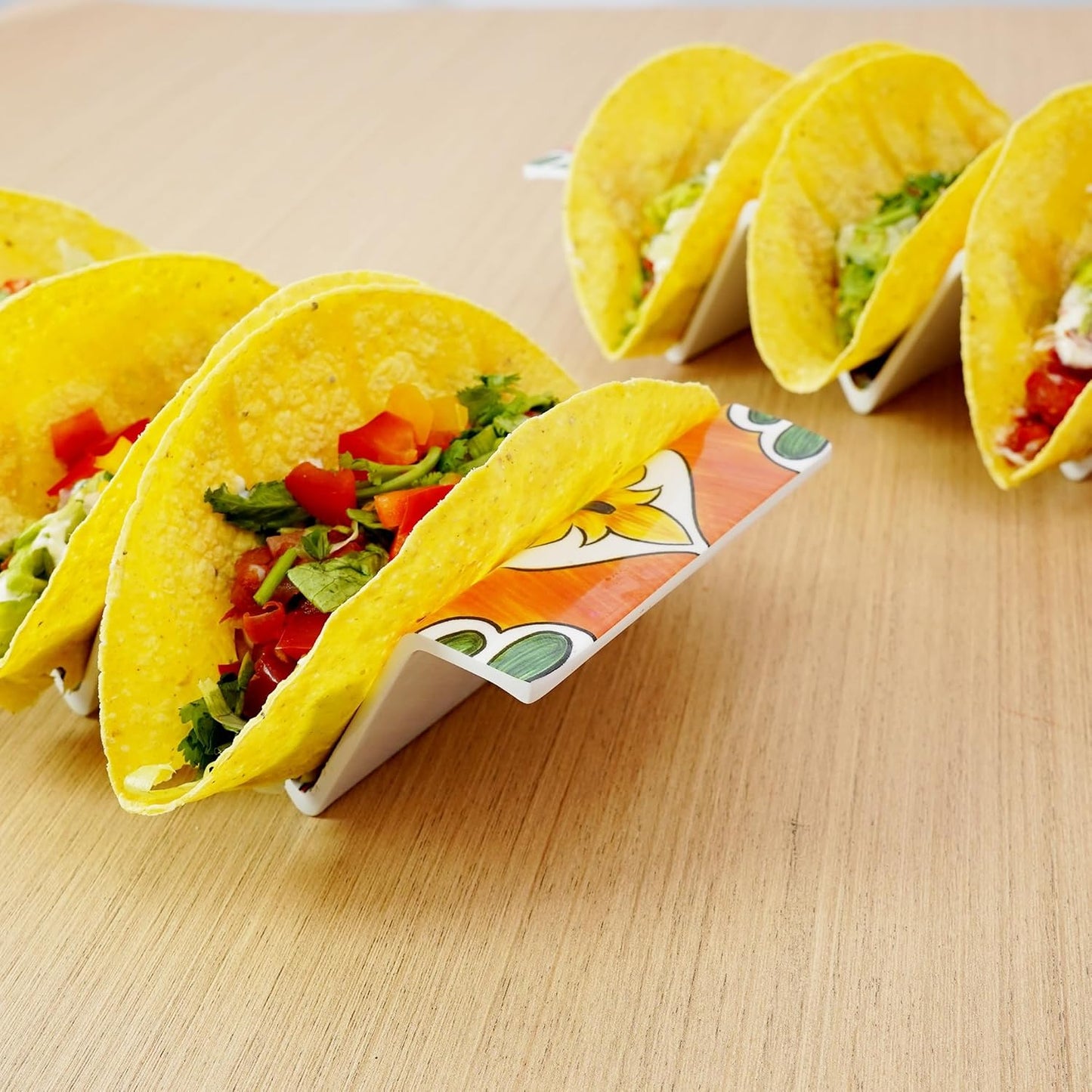 TP Taco Holder Stands, Set of 2 Melamine Large Taco Serving Rack Tray with Handle, Holds 3 Tacos, Dishwasher Safe, Ideal for Taco Night, Party, Home, Fiesta, Talavera Tile
