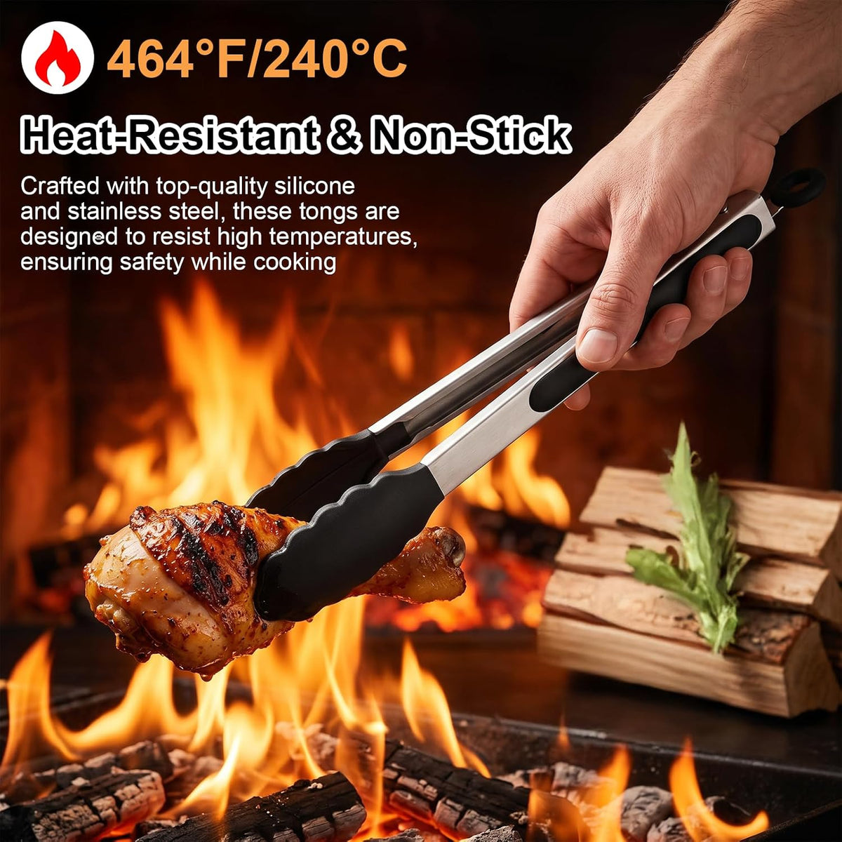 12 Pcs Tongs Set Multiple Sizes 7,9,12 Inches, Rubber Tipped Tongs Stainless Steel & Silicone Heat Resistant for Cooking, Grill, Salad, BBQ, Serving (Black & Silver)