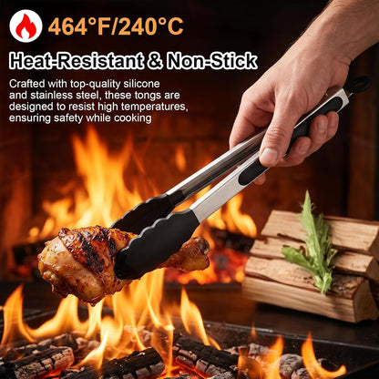 12 Pcs Tongs Set Multiple Sizes 7,9,12 Inches, Rubber Tipped Tongs Stainless Steel & Silicone Heat Resistant for Cooking, Grill, Salad, BBQ, Serving (Black & Silver)