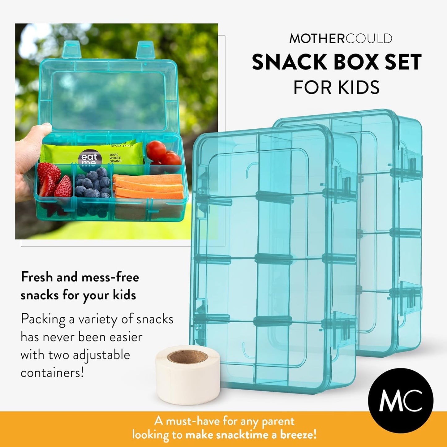 Large Kids Snack Box Containers Set of 2 -100 Labels, BPA-Free, Adjustable Compartments, Dishwasher Safe, Reusable Tray, Food Grade, Meal Prep Container, PARENT TESTED PARENT APPROVED AWARD (Clear)