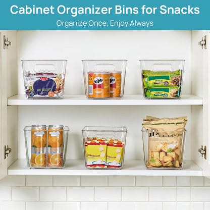 Vtopmart Clear Plastic Storage Bins, 6 PCS Pantry Organizer Bins with Handle for Refrigerator, Fridge, Cabinet, Kitchen, Countertops, Cupboard, Freezer Organization and Storage, Large