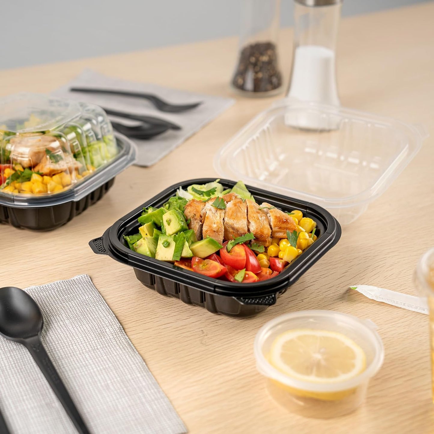 Thermo Tek 40 Ounce Clamshell Containers, 50 Disposable Take Out Boxes - 3 Compartments, Ventilated Lids, Black Plastic Meal Prep Containers, Microwavable, For Pasta Or Salads - Restaurantware