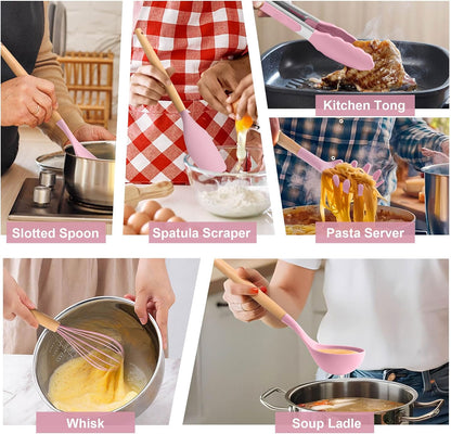 LIANYU 15 PCS Silicone Kitchen Utensils Set with Holder, Cooking Utensils set for Nonstick Cookware, Heat Resistant & Non Toxic Spatula Ladle Tong, White