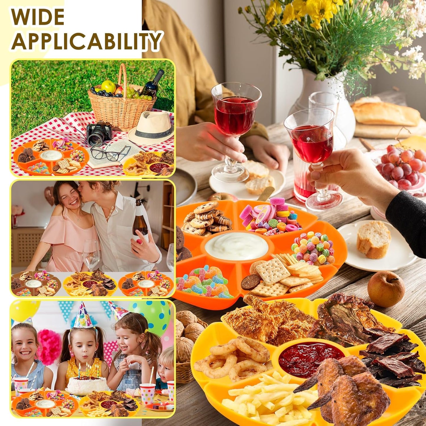 3 Pcs Sectional Round Plastic Serving Tray Platters 11inch Unbreakable Chip and Dip Divided Serving Plates,Round 7 Compartments Multifunctional Food Platter for Snack,Nuts,Candy,Dried Fruit,Veggies