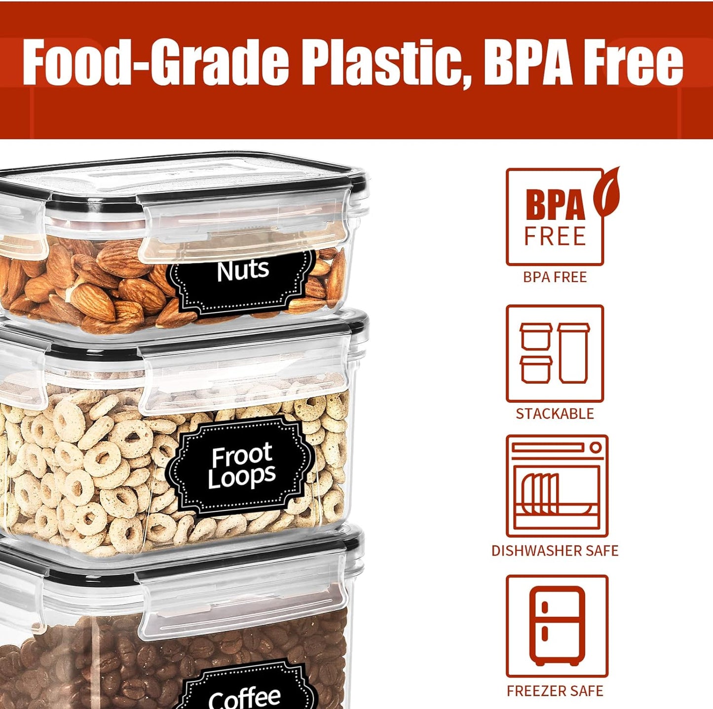 PRAKI Airtight Food Storage Containers with Lids, 12PCS Plastic Kitchen Storage Containers for Pantry Organizers and Storage - Cereal, Rice, Flour and Sugar Containers with Labels & Marker