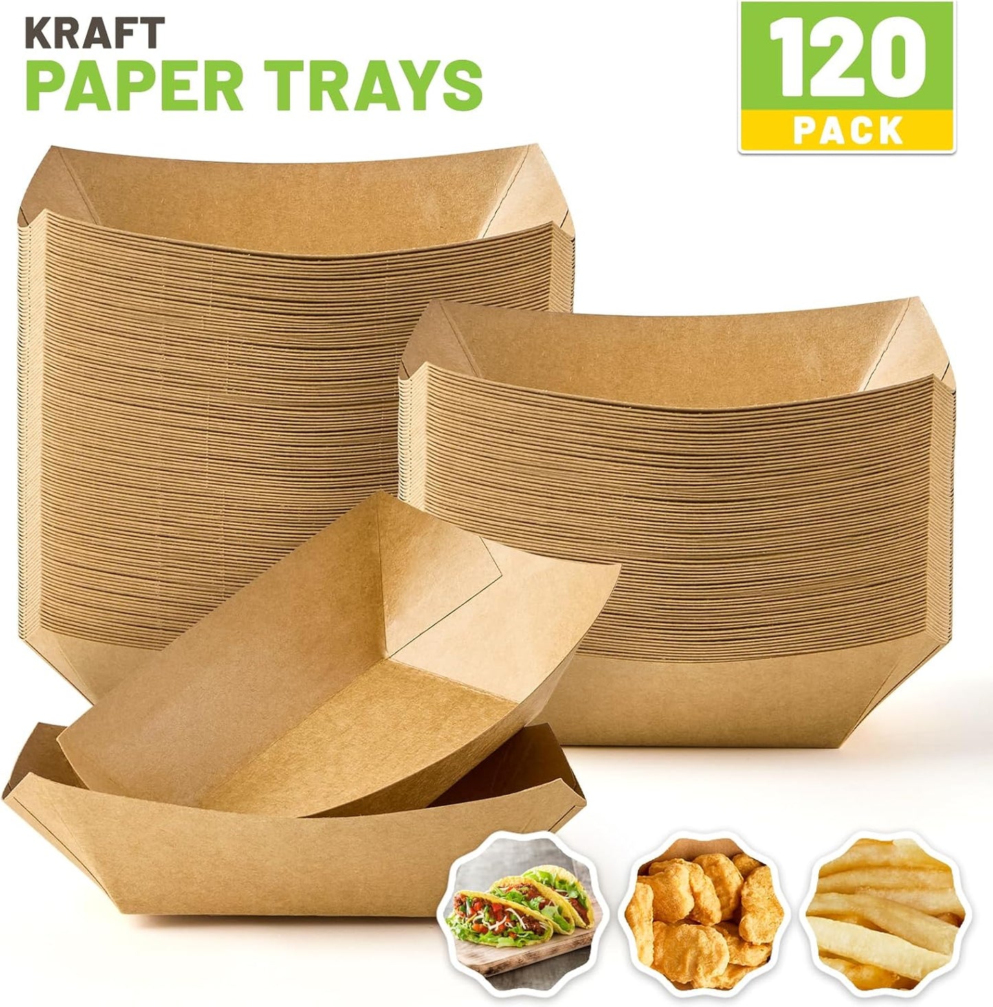 ZORRITA 2 Lb Paper Food Trays - 100 Pack Disposable Nacho Trays Brown Food Boats Take Out Basket Holders for Serving Party Snacks Hot Dogs Tacos Fries
