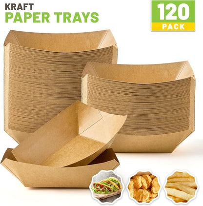 ZORRITA 2 Lb Paper Food Trays - 100 Pack Disposable Nacho Trays Brown Food Boats Take Out Basket Holders for Serving Party Snacks Hot Dogs Tacos Fries