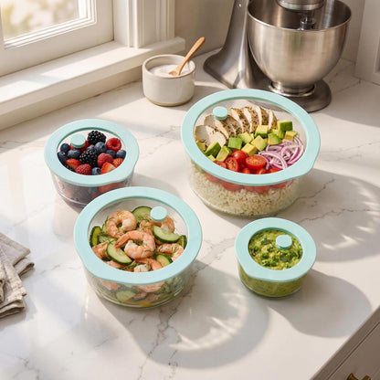 Urban Green Glass Food Container Set with Glass Lid, 5 Pack, Meal Prep Containers with Silicone Framed Airtight Lid, Leakproof, 100% Plastic Free