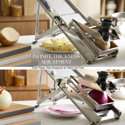 ICO Bron Coucke Professional Mandoline Slicer by Tellier with Hand Guard – Heavy Duty Stainless Steel Mandoline Slicer for Kitchen – Adjustable Straight, Julienne, & Waffle Blades – Crafted in France