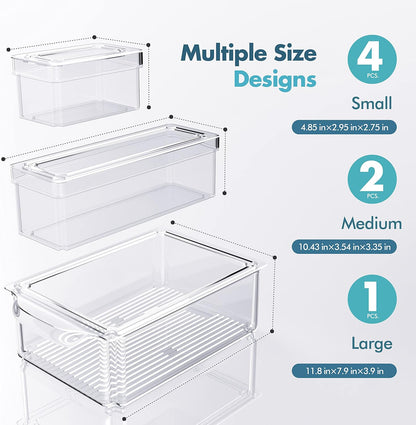 Set Of 7 Stackable Refrigerator Organizer with Lids, Fridge Organization and Storage Clear Containers, BPA-Free Plastic Pantry Bins for Fruits, Vegetable, Food, Drinks