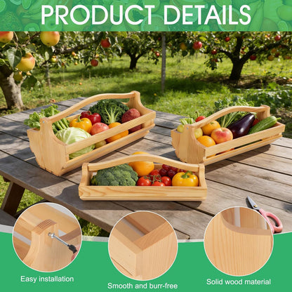 3-Piece Wooden Garden Harvest Basket Set with Handles (S/M/L), Sturdy Pine Wood Gathering Hod for Vegetable Harvesting, Fruit Picking & Farmhouse Storage Decor