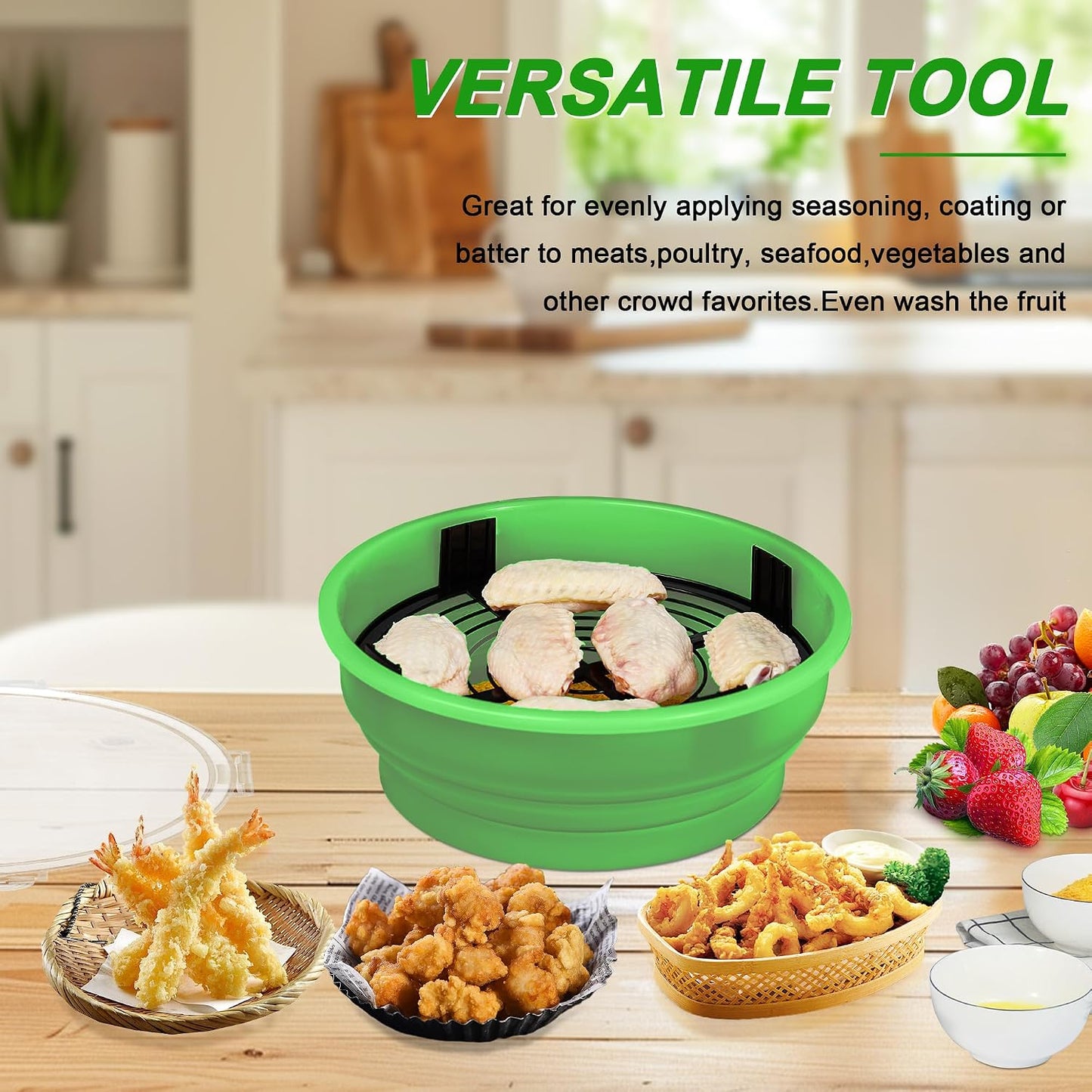 FJNATINH Collapsible Batter Bowl - Mess Free Better Breader Shaker Bowl with Lid Breading Shaker Container for Fried Fish, Fried Chicken, Onion Rings & More,No Leak,Easy to Store,Light Blue