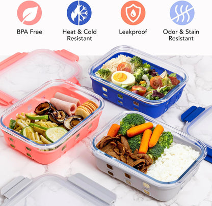 ECOBERI Glass Meal Prep Containers with Silicone Sleeves, 3 Piece 4.5 Cup Set, Borosilicate Glass Food Storage with Leak-Resistant Lids, Oven, Microwave, Freezer and Dishwasher Safe
