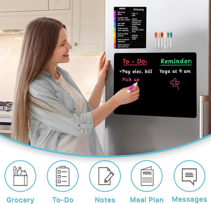 Magnetic Blackboard for Fridge - Dry Erase Black Board for Home, Office & Classroom (11.5" x15”), Menu Board for Kitchen Fridge - Family Meal Planner (7" x9”) - 6 Fine Tip Magnetic Markers & Eraser