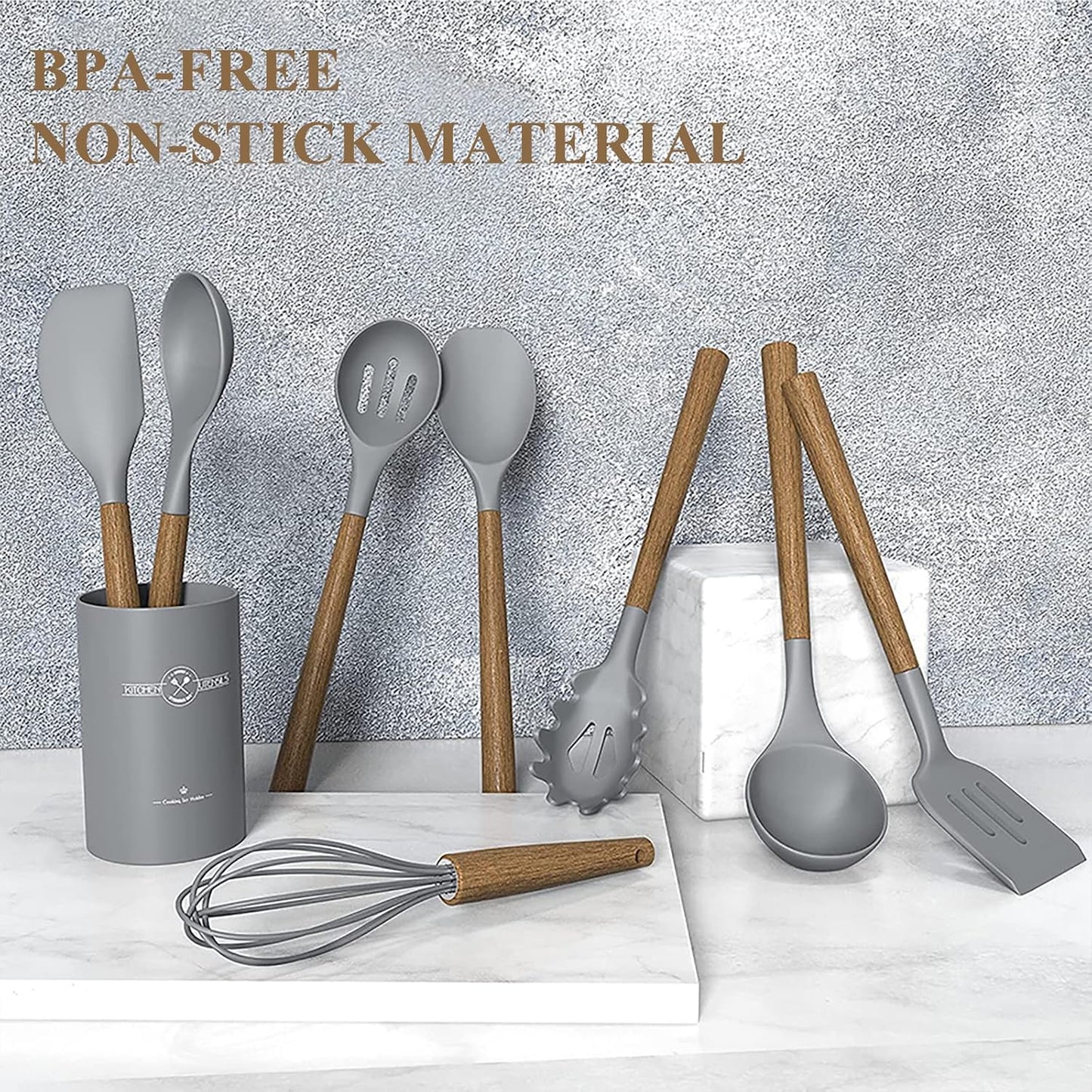 Silicone Kitchen Cooking Utensil Set, 9Pcs Kitchen Utensils Spatula Set with Wooden Handle for Nonstick Cookware, 446°F Heat Resistant Silicone Kitchen Gadgets Utensil Set with Large Holder（Grey）