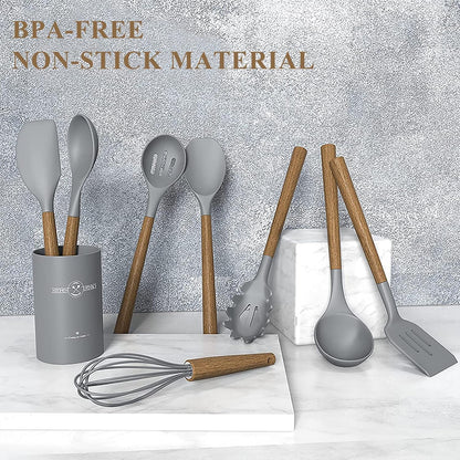 Silicone Kitchen Cooking Utensil Set, 9Pcs Kitchen Utensils Spatula Set with Wooden Handle for Nonstick Cookware, 446°F Heat Resistant Silicone Kitchen Gadgets Utensil Set with Large Holder（Grey）