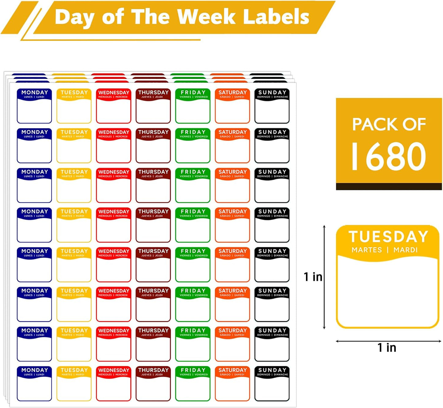 1680 Pcs 1" Square Day of The Week Labels, Removable & Writable Food Stickers in English/Español/Français for Restaurant Kitchen Containers and Inventory Management (Inches, 1 x 1)