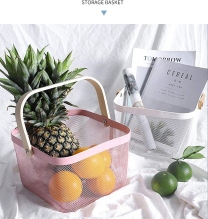 AJIODA Metal Mesh Steel Basket, Storage Organizer Basket Multi-functional Hanging Kitchen Baskets Fruit Basket Bin with Bamboo Handle for Kitchen Bathroom Picnic Shopping Decor Cabinet Home, Blue