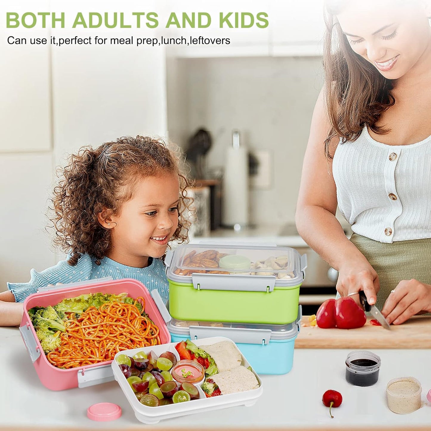 3 Pack Salad Lunch Box Food Storage Containers, 47oz Bento Box To Go Container with Lids, Reusable Meal Prep Containers with Removable Tray & Dressing Pots for Kids and Adults, Microwave Safe