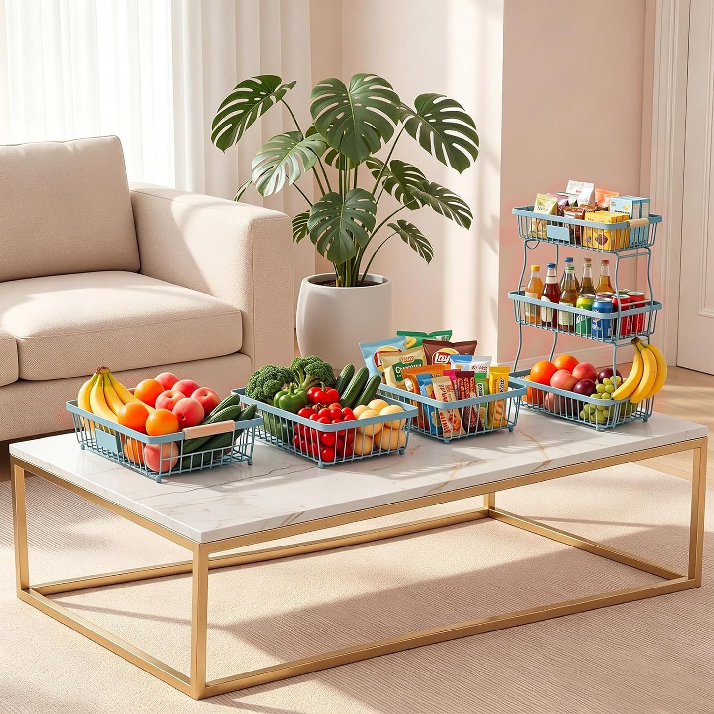 Fruit Basket Bowl 2 Tier Detachable with 2 Banana Hangers, Fruit Stand Holder for Kitchen Countertop, Metal Wire Vegetable Storage Organizer, for Bread Snack Veggies Produce, Black