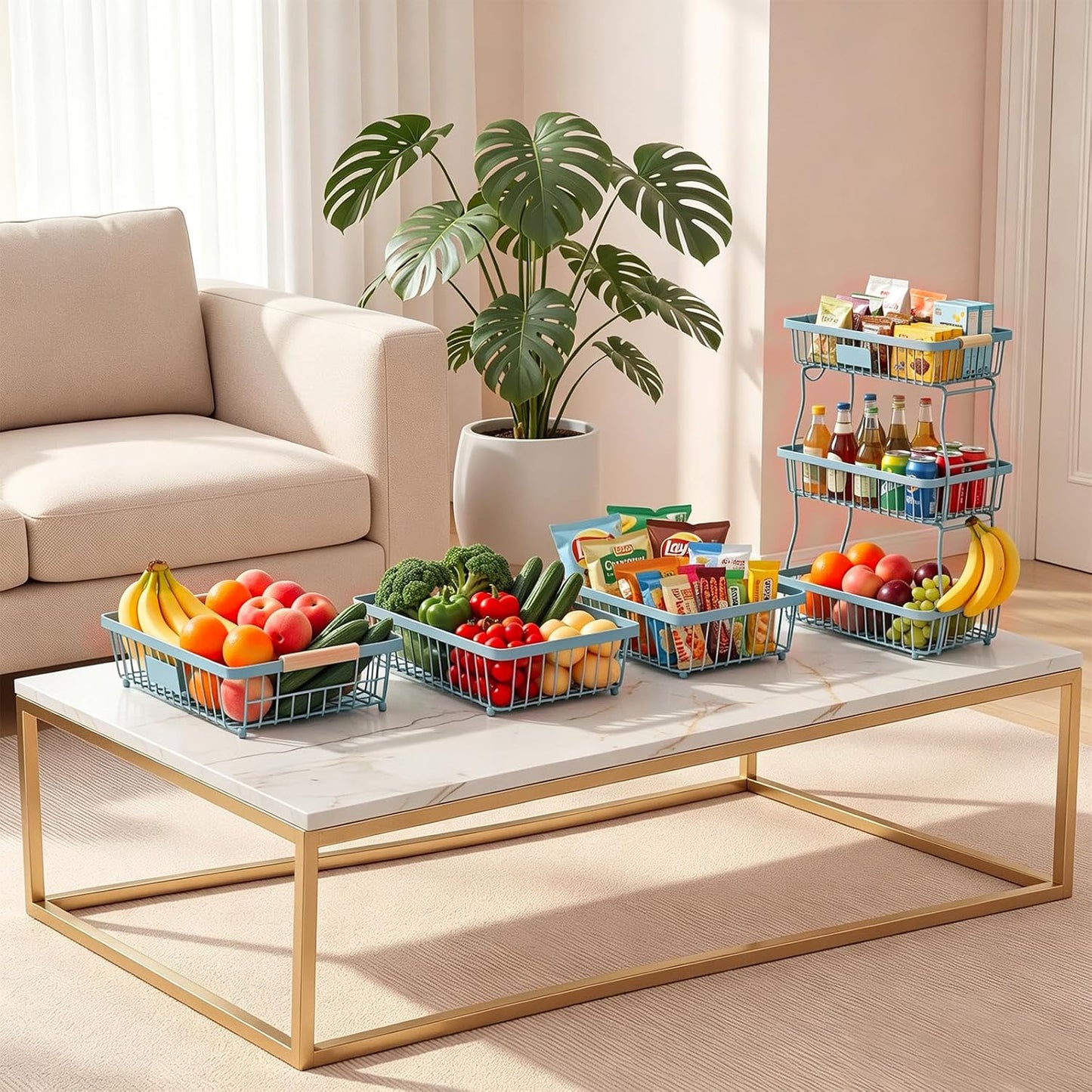 Fruit Basket Bowl 2 Tier Detachable with 2 Banana Hangers, Fruit Stand Holder for Kitchen Countertop, Metal Wire Vegetable Storage Organizer, for Bread Snack Veggies Produce, Black