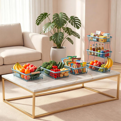 Fruit Basket Bowl 2 Tier Detachable with 2 Banana Hangers, Fruit Stand Holder for Kitchen Countertop, Metal Wire Vegetable Storage Organizer, for Bread Snack Veggies Produce, Black