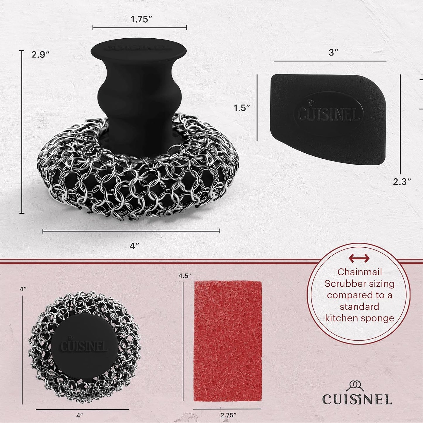Cuisinel Cast Iron Scrubber Cleaning Brush + Pan/Grill Scraper - Skillet and Grill Cleaner Kit - Soft-Touch Confident-Grip Dish Scrub Tool - Tough on Grease, Gentle on Metal and Non-Stick Cookware