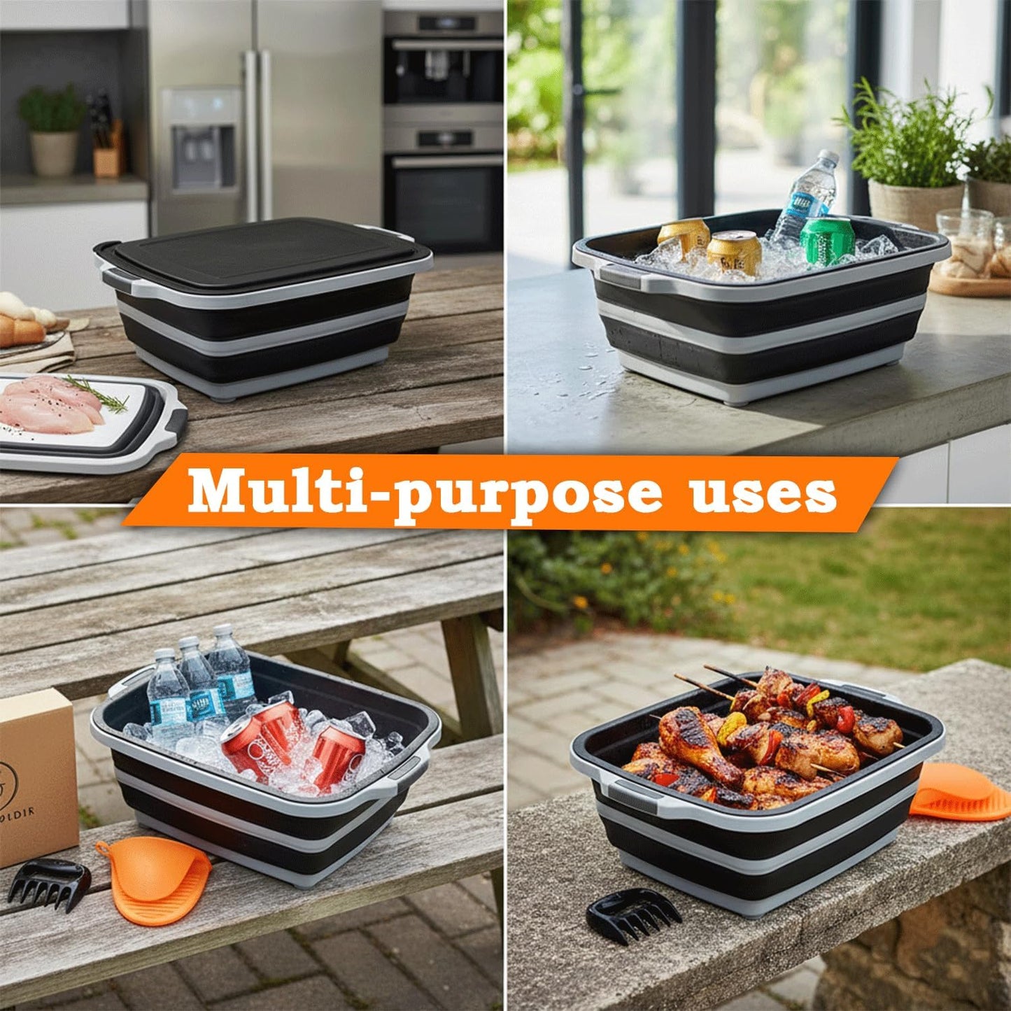 BBQ Prep Tub | Meat Prep Tub with Locking Lid, 2 Meat Shredder Claws & BBQ Mitts Collapsible with Cutting Board, Drain Plug Portable for Camping & Grill Design Picnic,Marinating Meat,Gift For Mothers