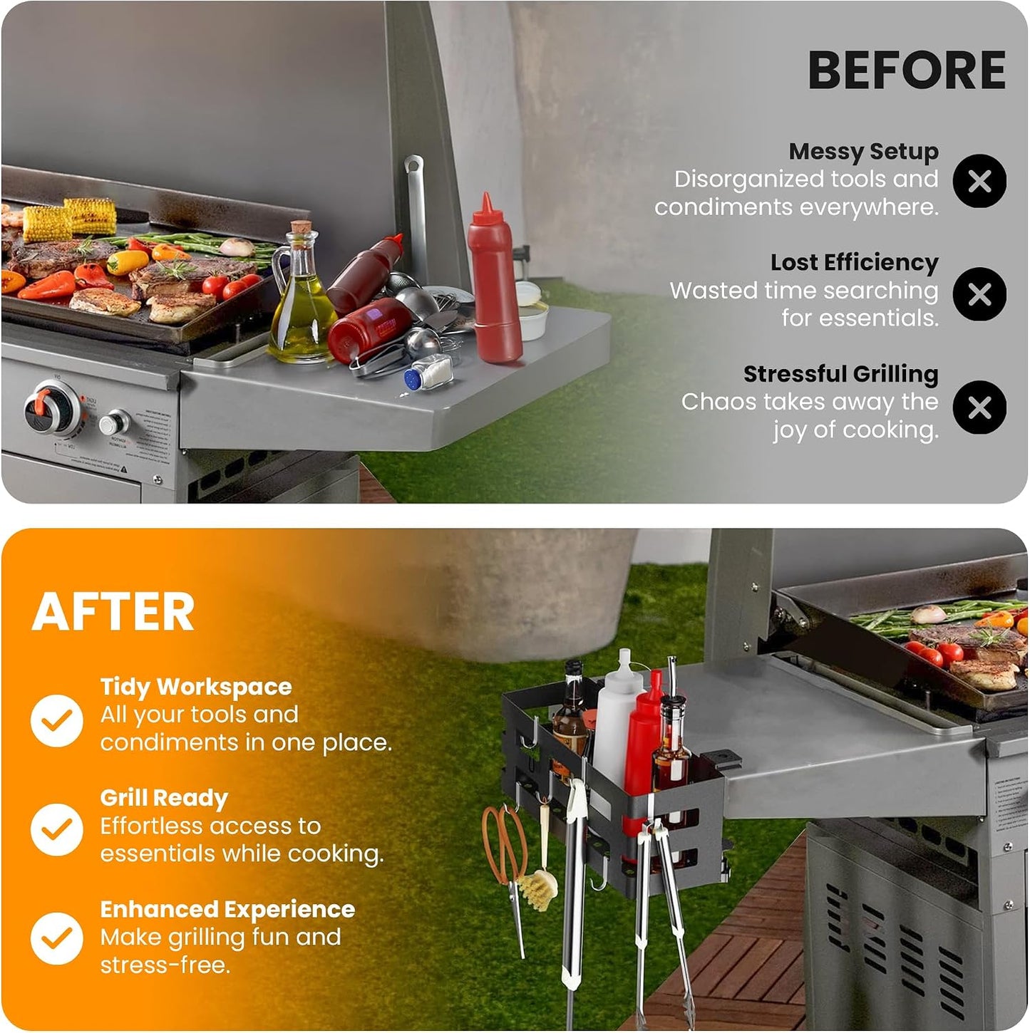Griddle Caddy for Blackstone 28"/36" Griddles –Large BBQ Organizer with 6 J-Hooks, Paper Towel Holder, Ample Storage for Condiments & Tools – for Outdoor Cooking, Camping, and Grilling Essentials
