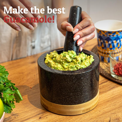 PriorityChef Heavy Duty Mortar and Pestle Set with Bamboo Base, 100% Natural Granite Stone Grinder, Guacamole Bowl and Masher, 1.5 Cups, Black