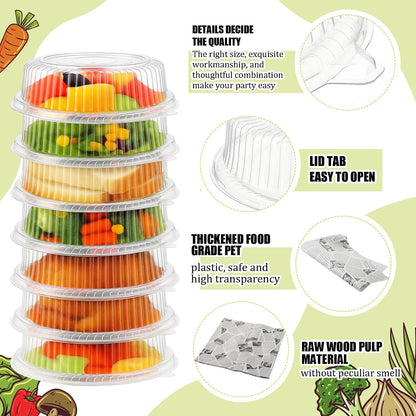 Tessco for you 12 Pack Heavy Duty Repeatedly Plastic Serving Tray with Lid and 24 Pcs Deli Wax Paper Sheets Sets Large Party Platters with Clear Lids Stackable Round Food Serving Trays (Black,16inch)