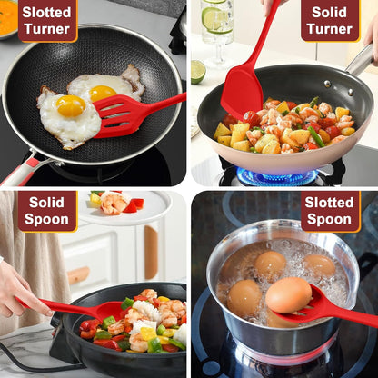 P&P CHEF Kitchen Utensil Set, 4 Pieces Non-stick Silicone Cooking Utensils, Heat-resistant Slotted Solid Spoon Turner for Frying, Mixing, Serving, Non-toxic & Easy to Clean, Blue