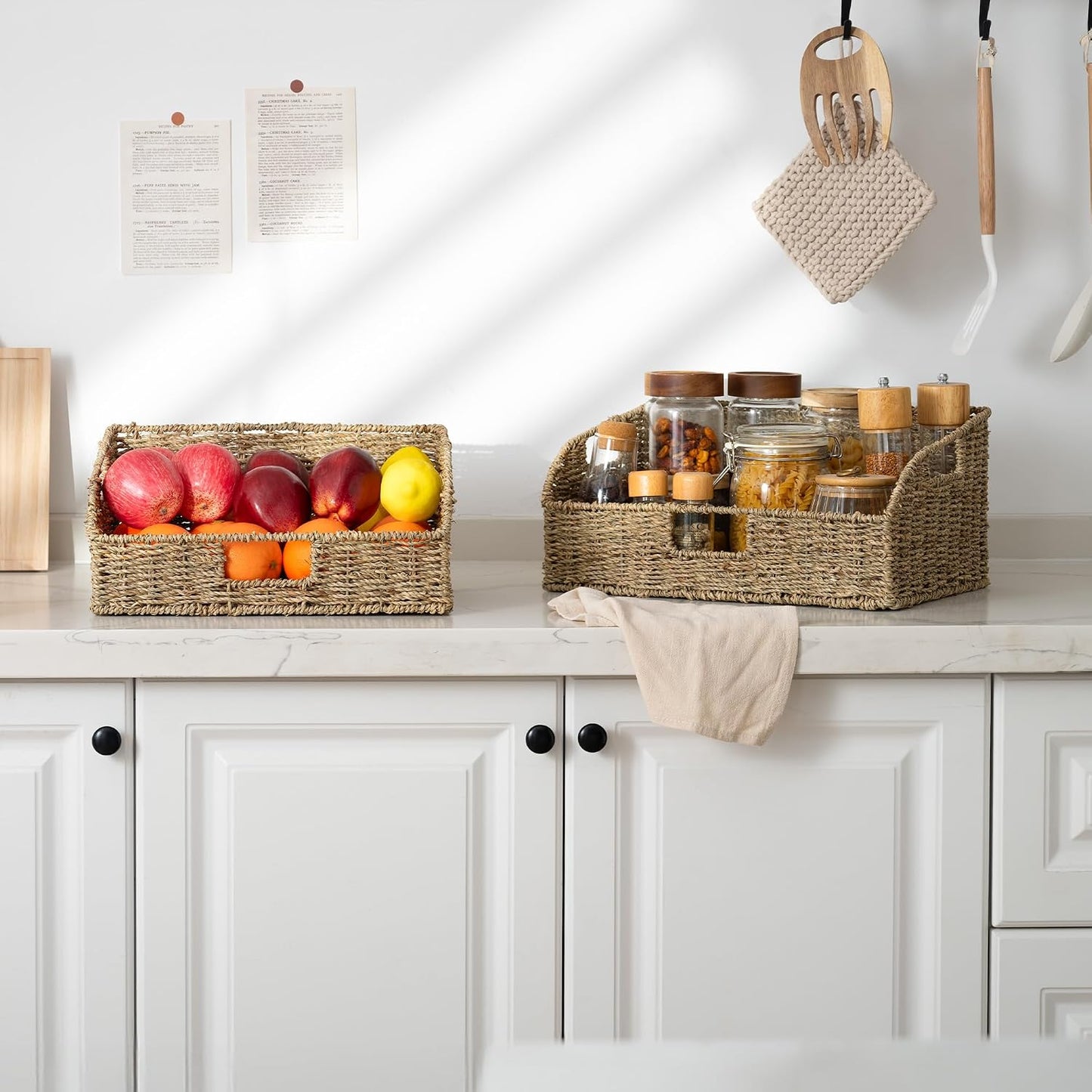StorageWorks Water Hyacinth Pantry Storage Baskets, Wicker Baskets with Built-in Handles, Handwoven Shelf Baskets for Organizing, Pantry Organizers and Storage, 3 Pack