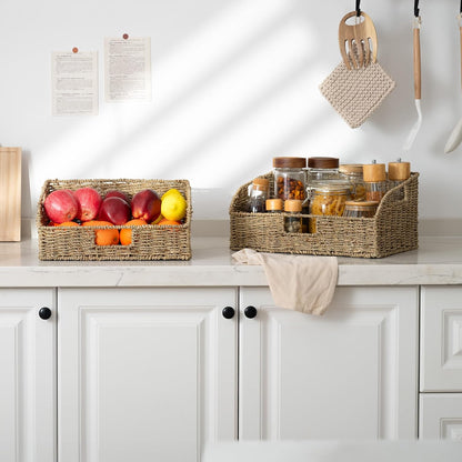 StorageWorks Water Hyacinth Pantry Storage Baskets, Wicker Baskets with Built-in Handles, Handwoven Shelf Baskets for Organizing, Pantry Organizers and Storage, 3 Pack