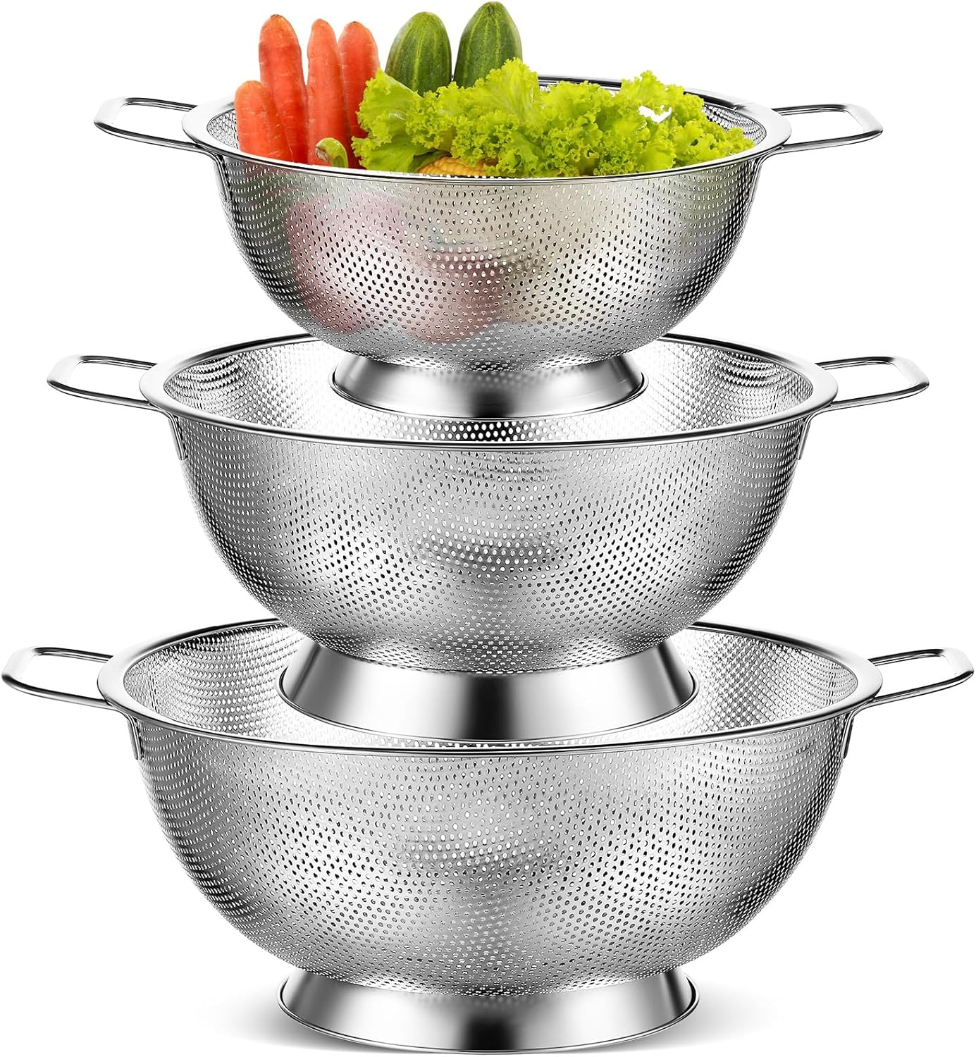 Bokon 3 Pcs Stainless Steel Colander Set Colander Bowl and Sieves 1/3/5 Quart Metal Mesh Strainer Net Basket with Handles Food Spaghetti Strainer for Kitchen Draining Pasta Rinsing(Gold)
