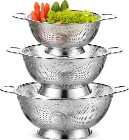 Bokon 3 Pcs Stainless Steel Colander Set Colander Bowl and Sieves 1/3/5 Quart Metal Mesh Strainer Net Basket with Handles Food Spaghetti Strainer for Kitchen Draining Pasta Rinsing(Gold)