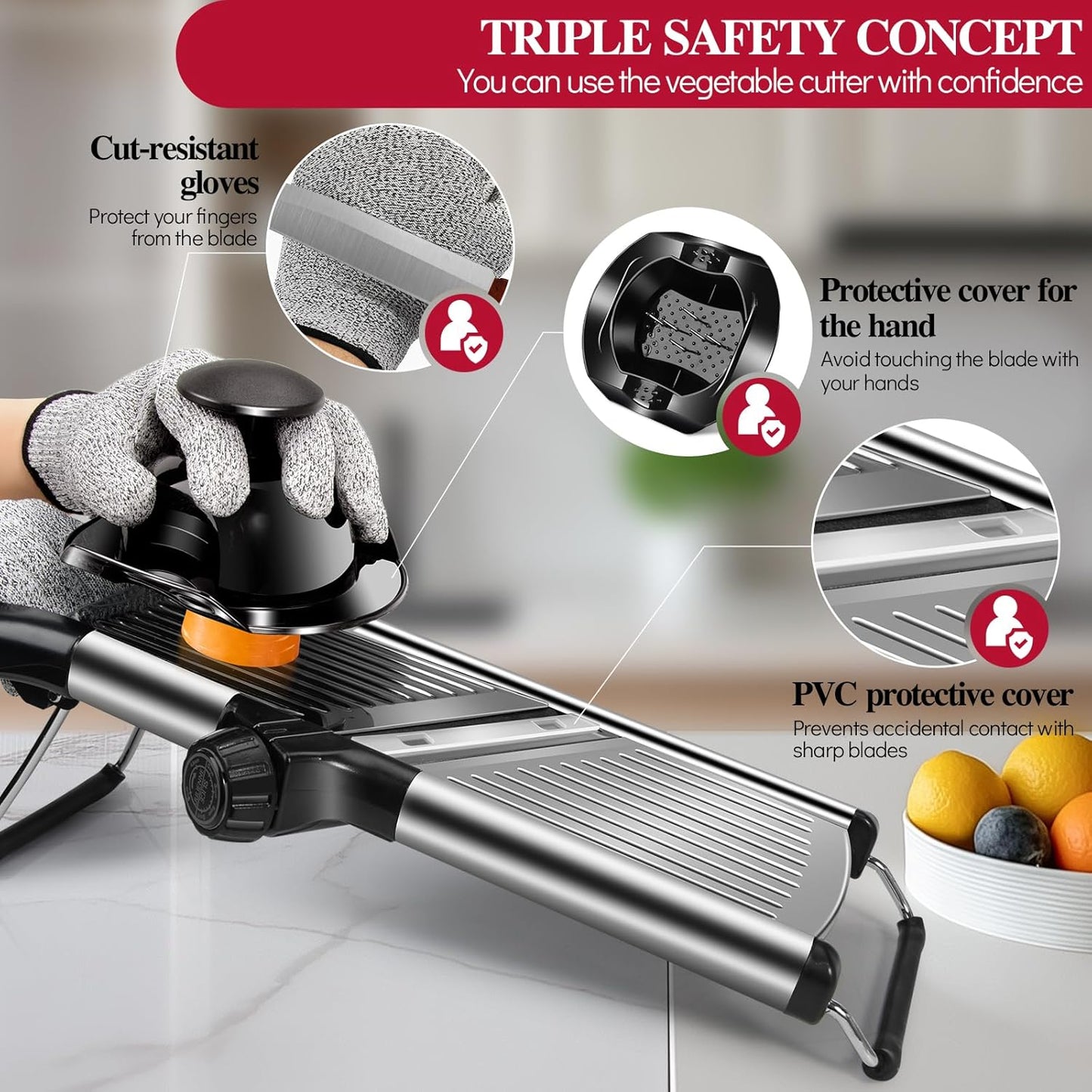 Masthome Adjustable Mandoline Slicer, Thin to 9mm Slice, 4.5mm & 9mm Julienne - Vegetable Cutter for Potato Carrot Onion - Stainless Steel - with Glove & Brush (Red)