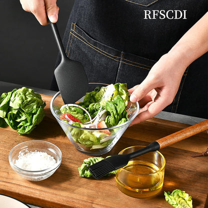 Exquisite Silicone Cooking Utensils Set - Non-Toxic, Heat-Resistant Kitchen Utensils Set with Food-Grade Silicone & Wood Handles - Includes Spatula & Spoon for Non-Stick Cookware, Black