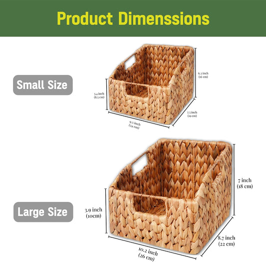 Set of 2 Wicker Pantry Basket – Handwoven Water Hyacinth Wicker Storage Baskets with Handles – Decorative Woven Baskets for Kitchen, Shelves & Organizing