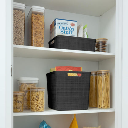 Curver Set of 4 Large 18L Easy Access Jute Decorative Plastic Organization and Storage Baskets - Perfect Bins for Home Office, Closet Shelves, Kitchen Pantry and All Bedroom Essentials, Black
