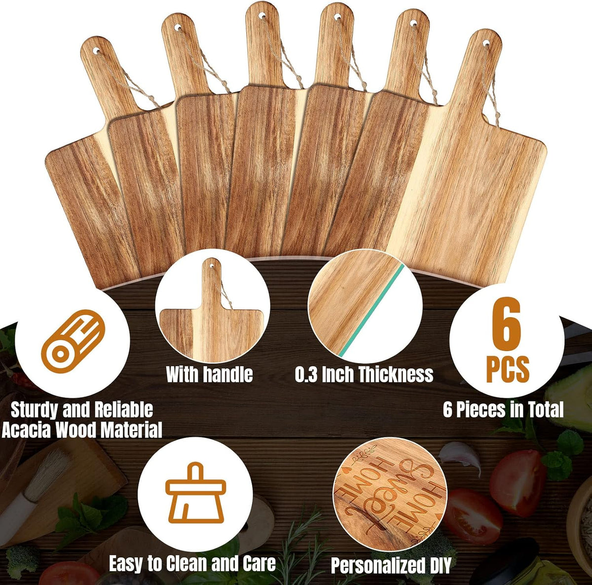 Patelai 6 Pcs 15 x 7 Inch Bamboo Cutting Board Set with Handles Laser Engraving Wooden Charcuterie Kitchen Plain Serving Chopping Board Bulk for DIY Housewarming